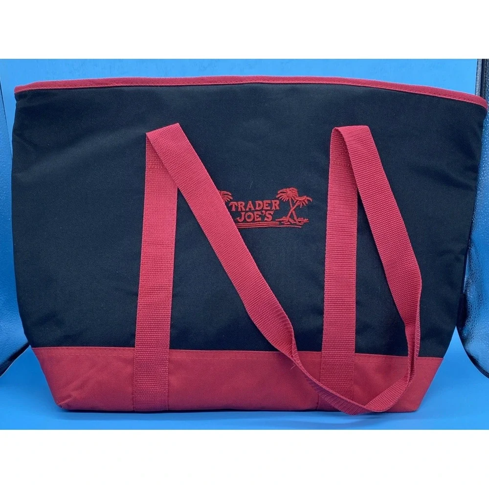 Vintage Style Trader Joes Insulated Cooler Tote Bag Red Black Palm Tree A2304 6P